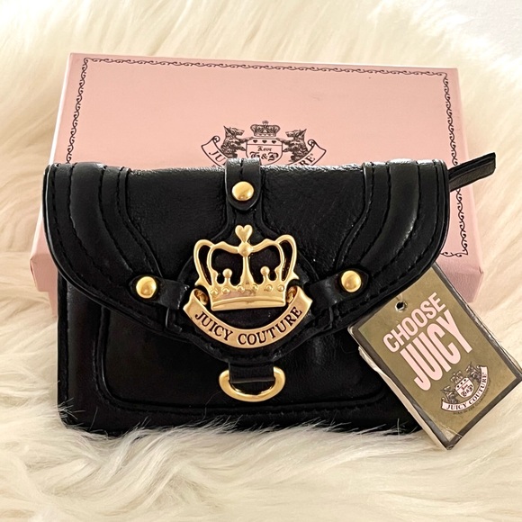 NWT Black Leather Wallet Gold Crown RARE Y2K - Picture 1 of 8